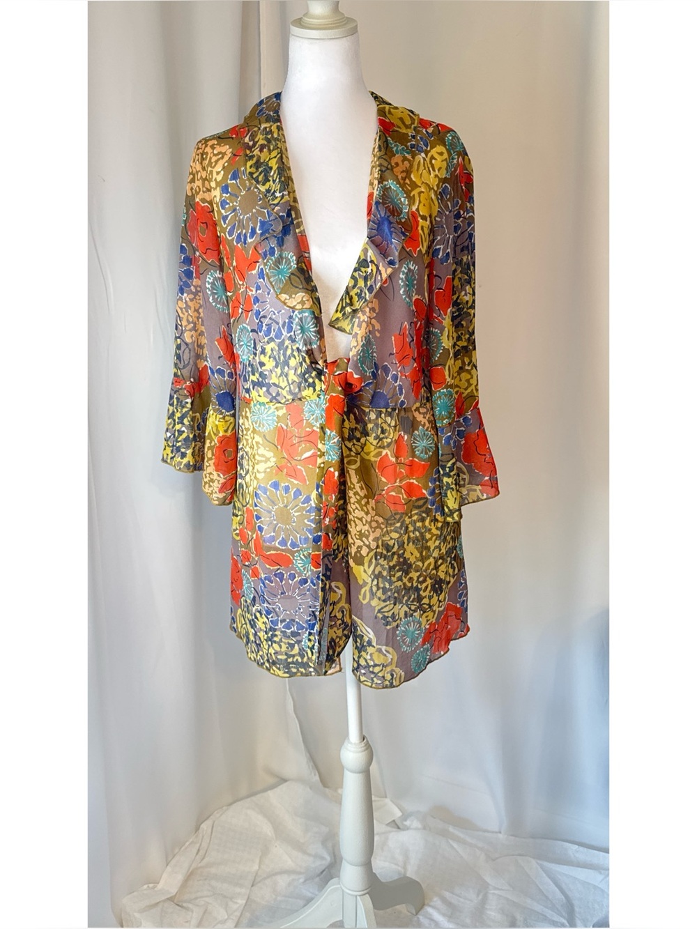 CAbi Floral Sheer Ruffle Open Front Cardigan Duster Size L